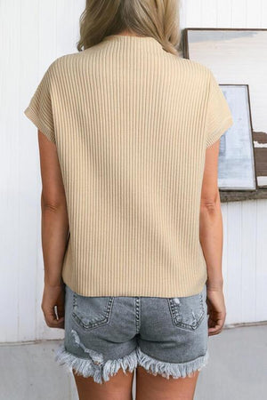 Comfy All Day Ribbed Knit Short Sleeve Mock Neck Top-MXSTUDIO.COM