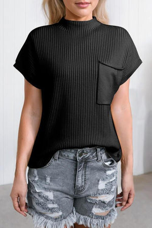 Comfy All Day Ribbed Knit Short Sleeve Mock Neck Top-MXSTUDIO.COM