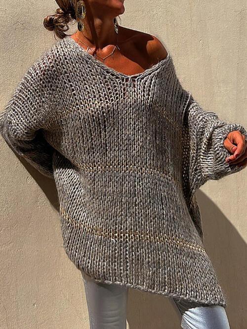 Comfy All Year V-Neck Open Knit Sweater-MXSTUDIO.COM