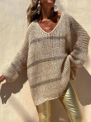 Comfy All Year V-Neck Open Knit Sweater-MXSTUDIO.COM