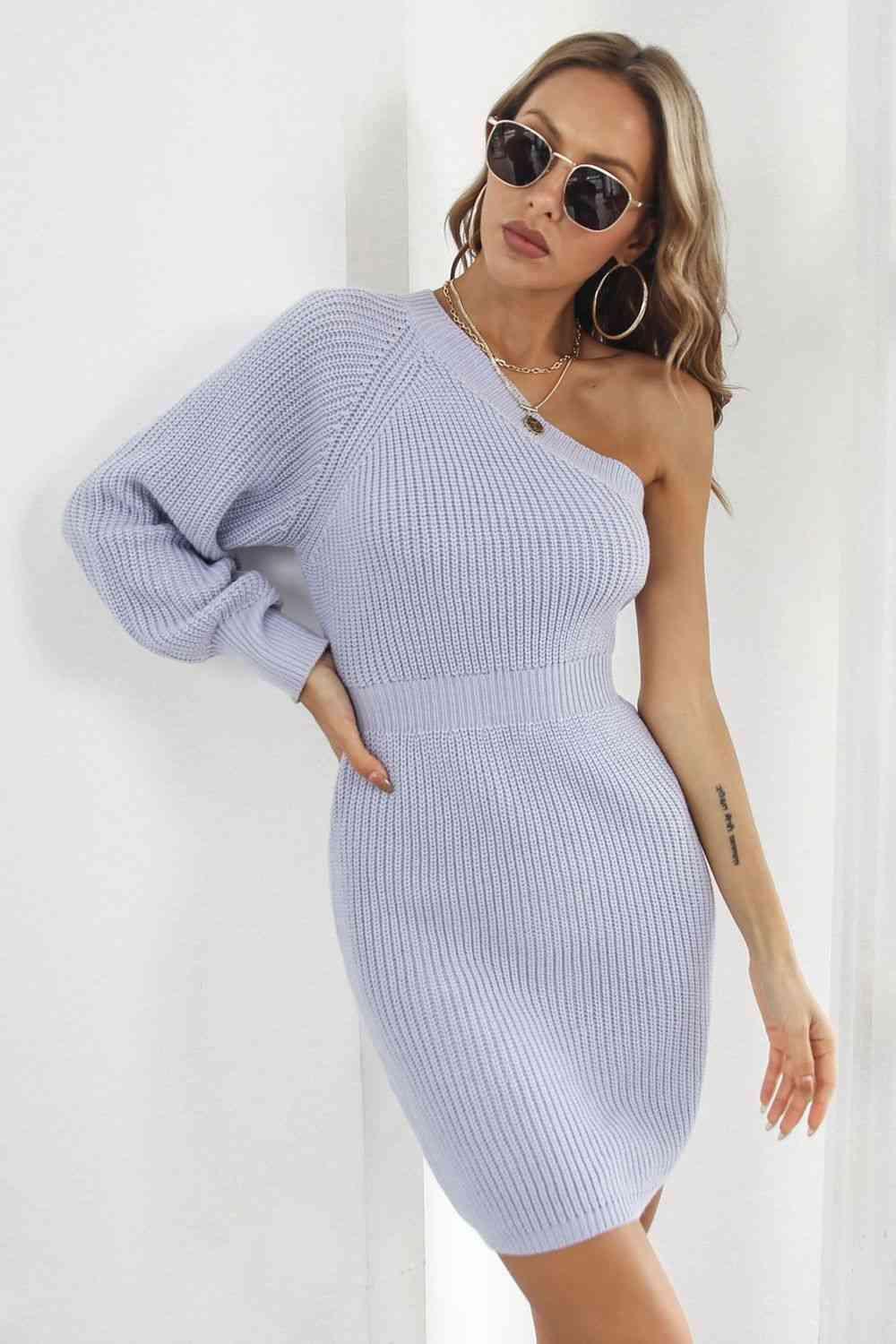 Comfy Chic Knitted One Shoulder Sweater Dress - MXSTUDIO.COM