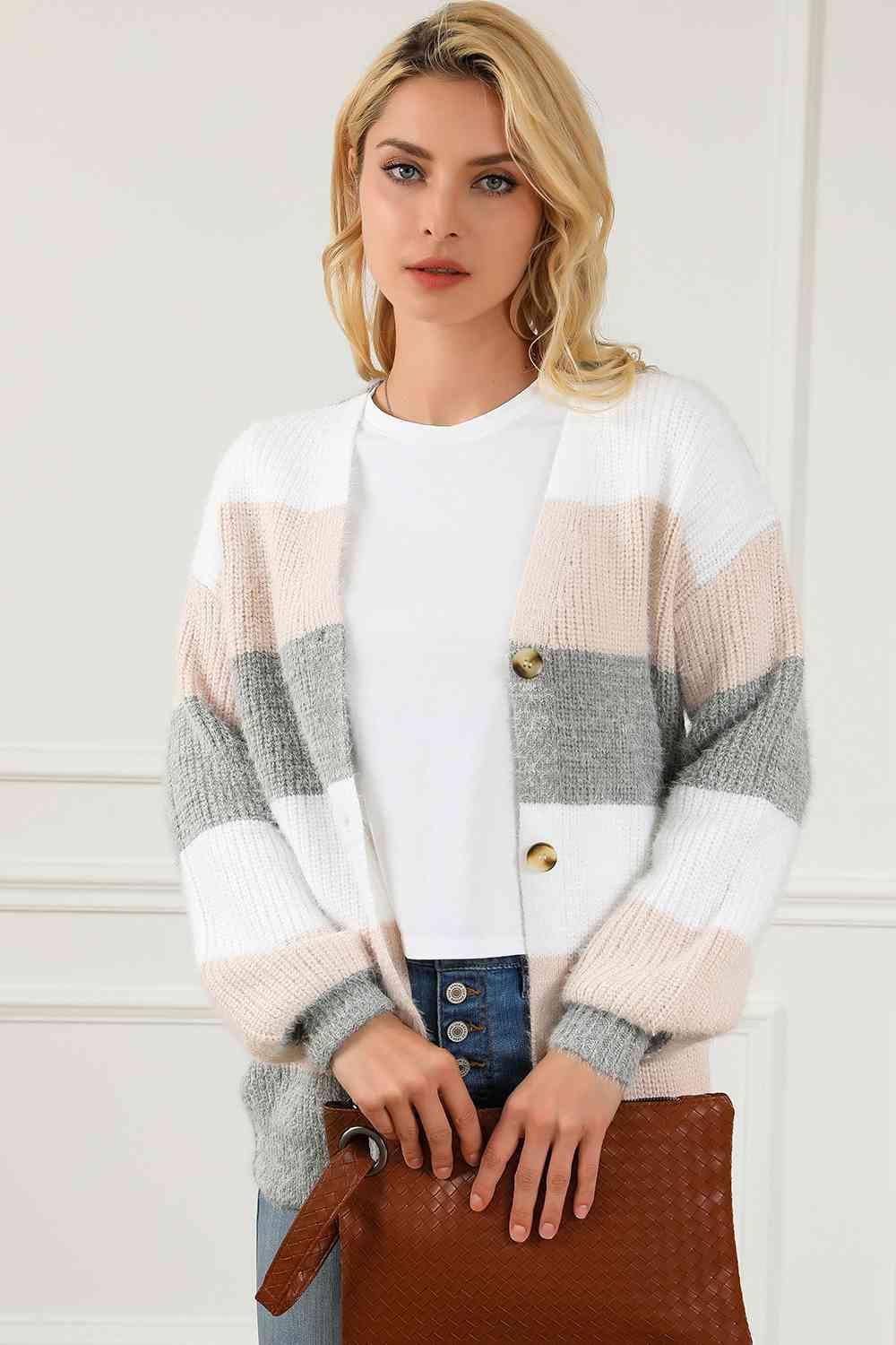 Comfy Confidence Striped Button Cardigan-MXSTUDIO.COM