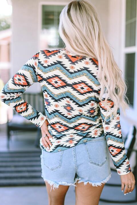 Comfy Day Geometric Print Long Sleeve Top - MXSTUDIO.COM