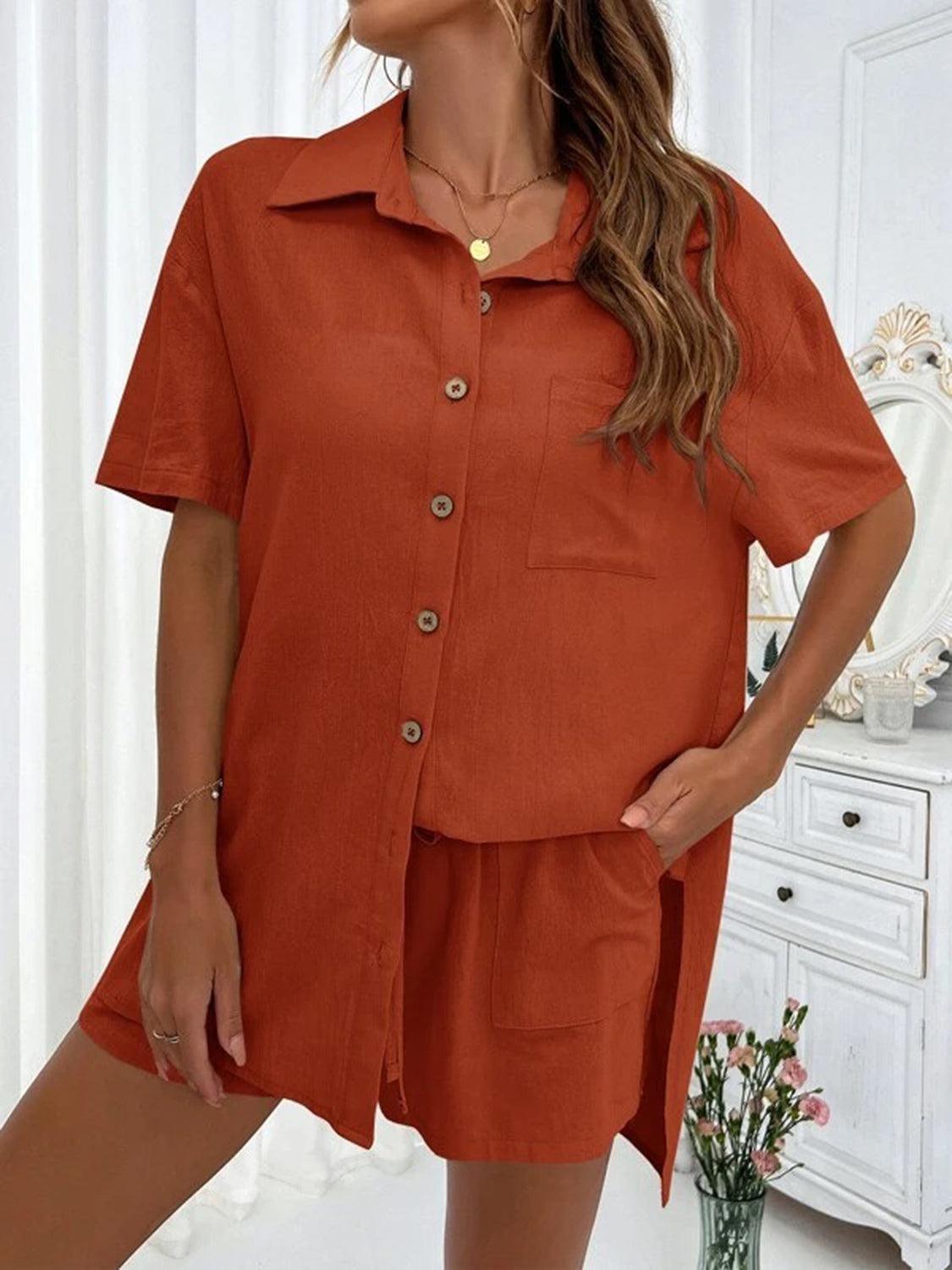 a woman wearing an orange shirt and shorts