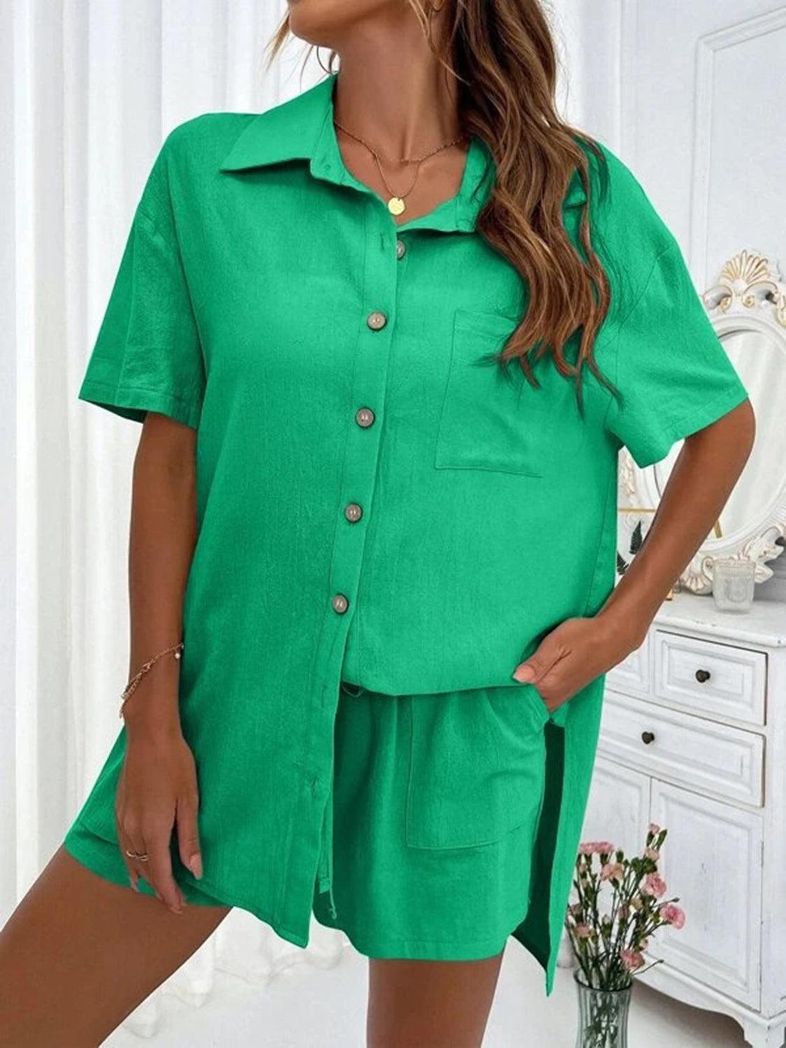 a woman wearing a green shirt and shorts