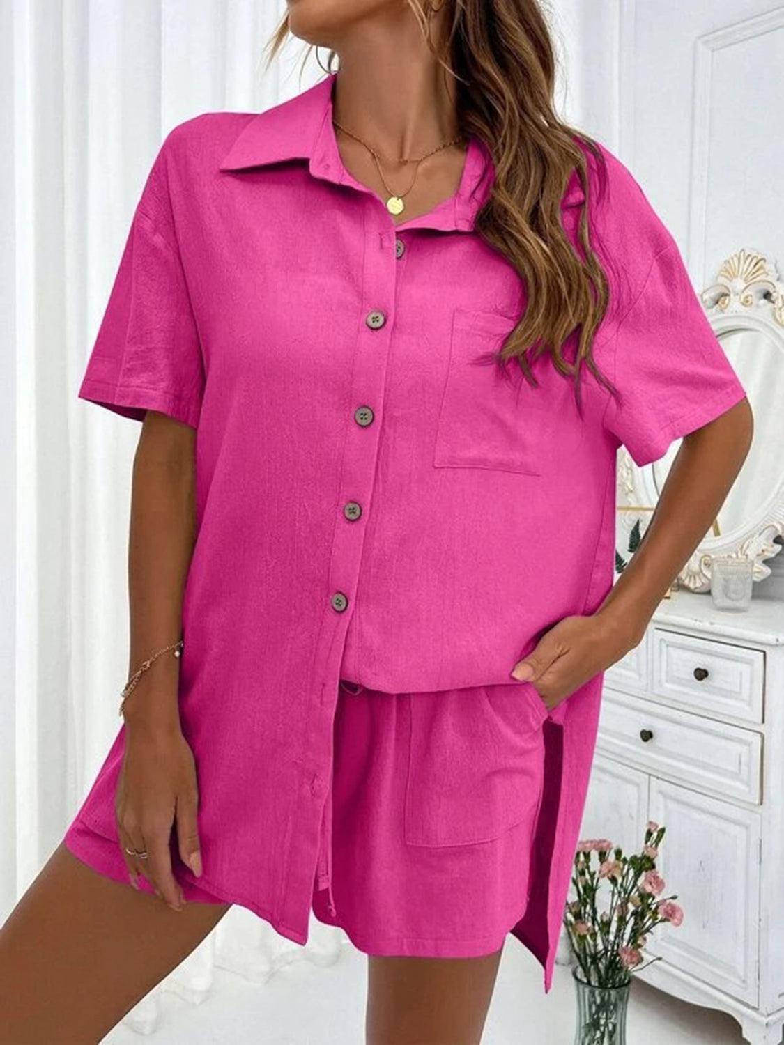 a woman wearing a pink shirt and shorts