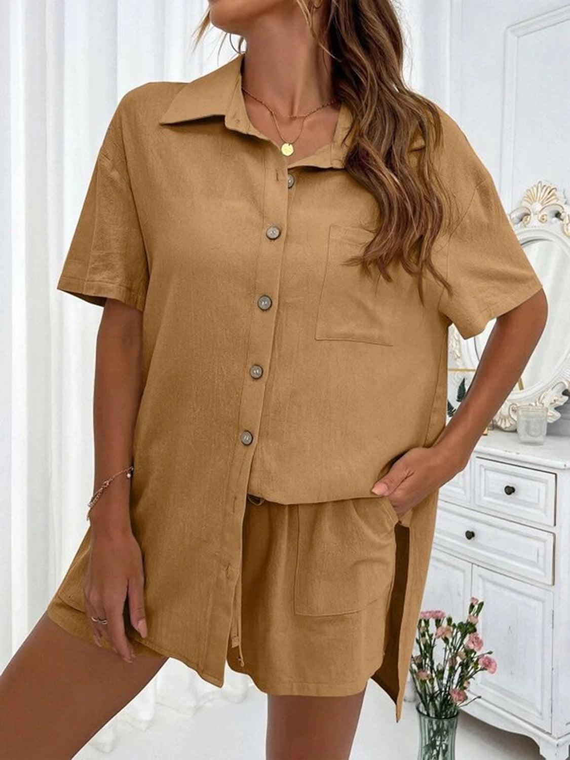 a woman wearing a tan shirt and shorts