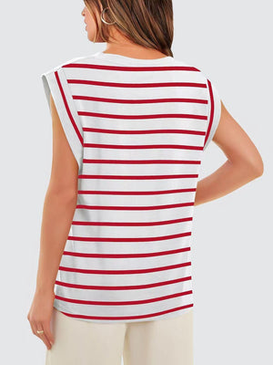 a woman wearing a red and white striped top