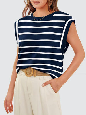 a woman wearing a blue and white striped top