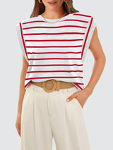 a woman wearing a red and white striped top