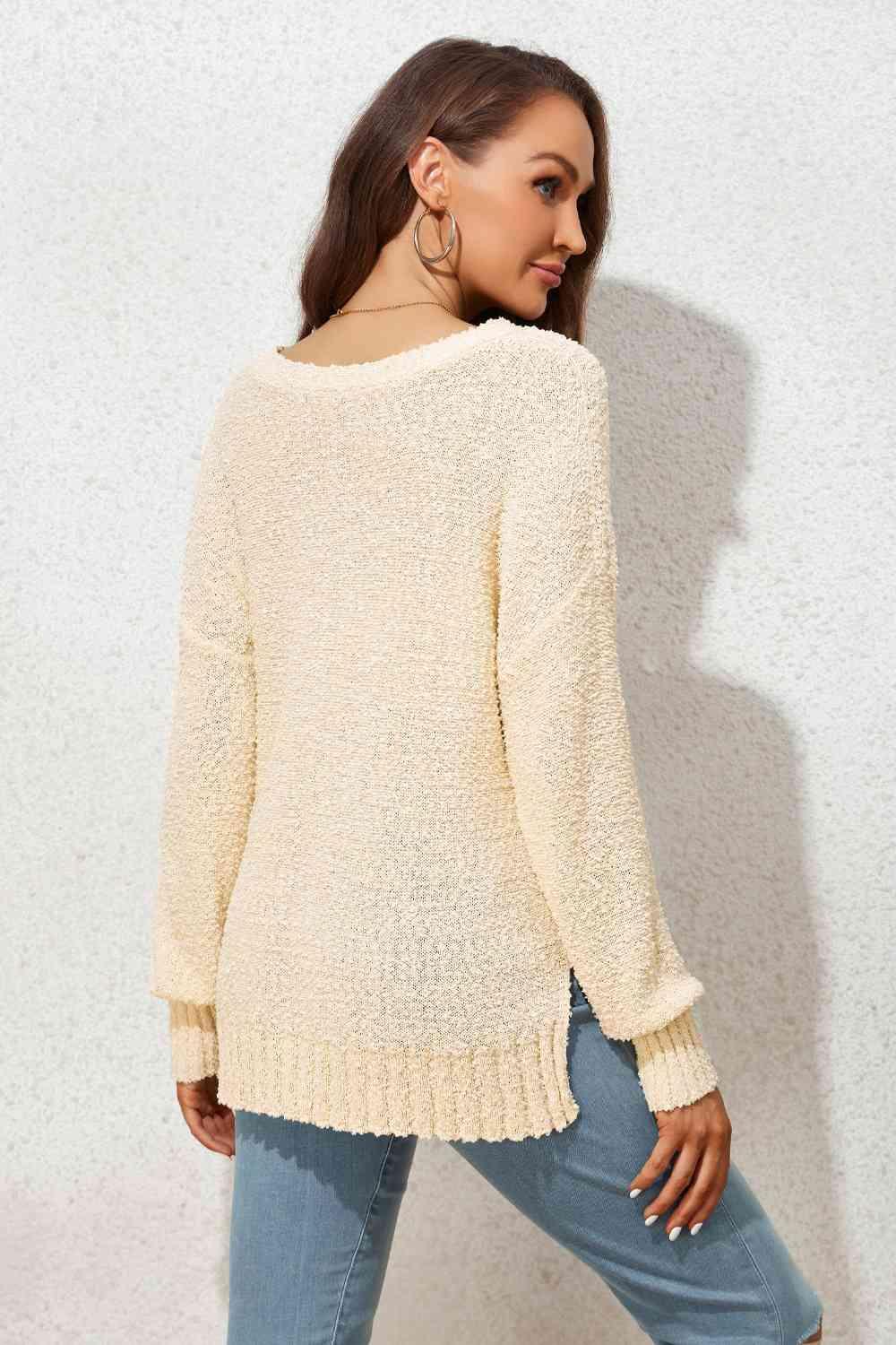 Comfy Happiness V-Neck Drop Shoulder Sweater - MXSTUDIO.COM