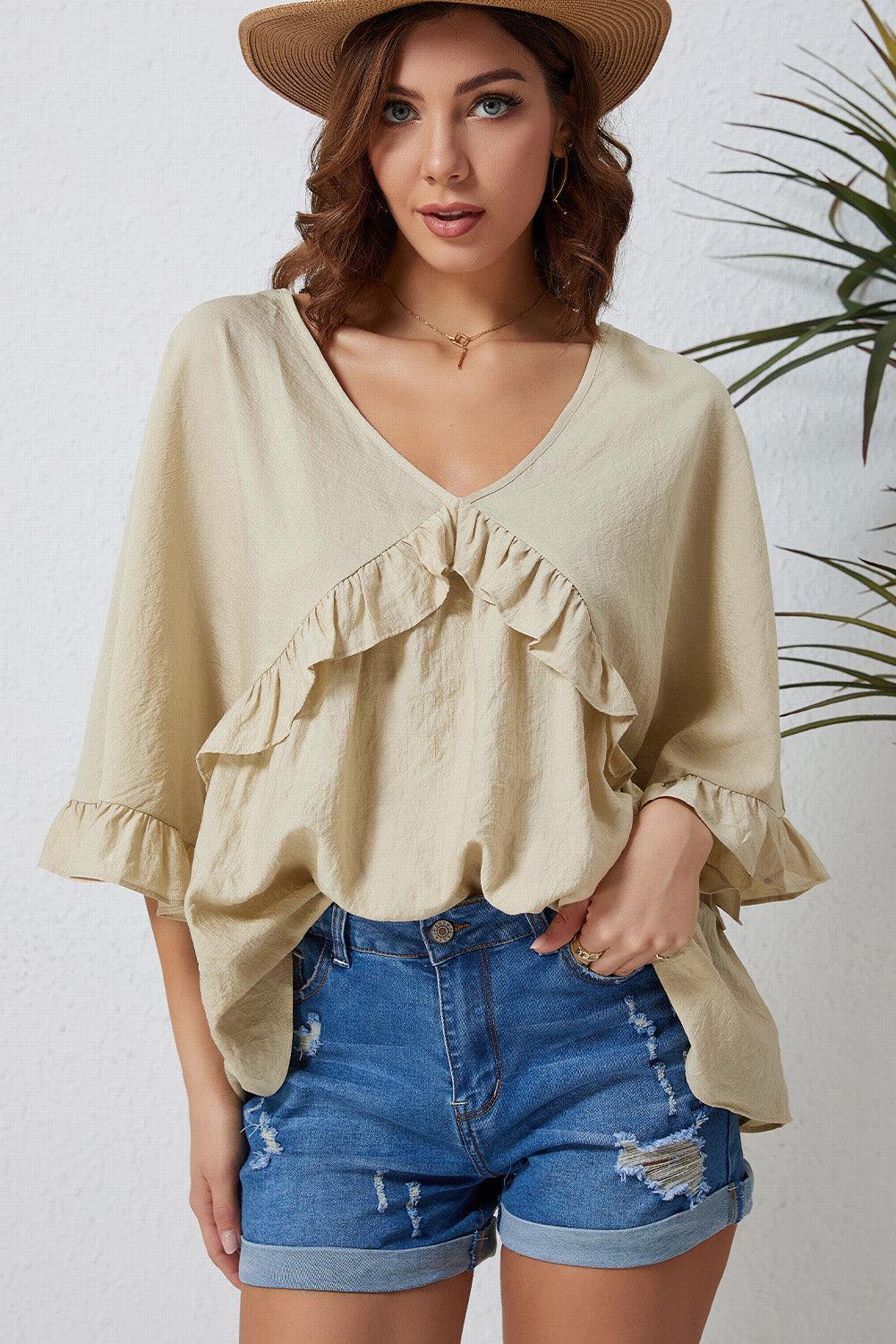 Comfy In Style V-Neck Ruffle Bell Sleeve Blouse - MXSTUDIO.COM