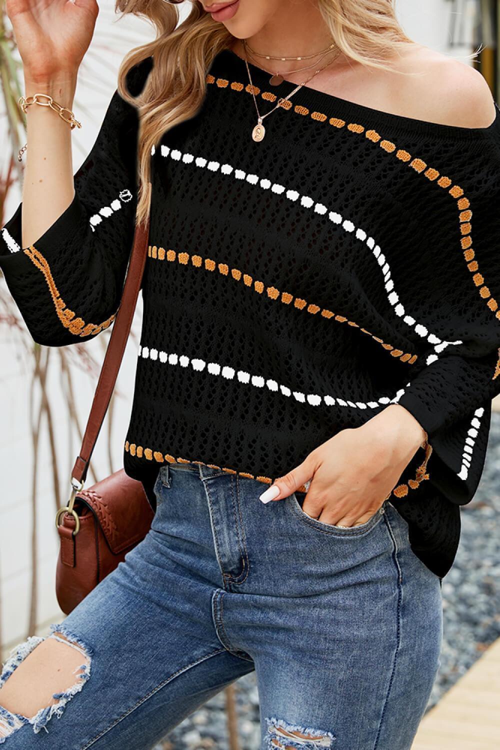 Comfy Striped Openwork Knit Top - MXSTUDIO.COM