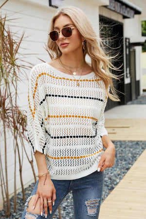 Comfy Striped Openwork Knit Top - MXSTUDIO.COM