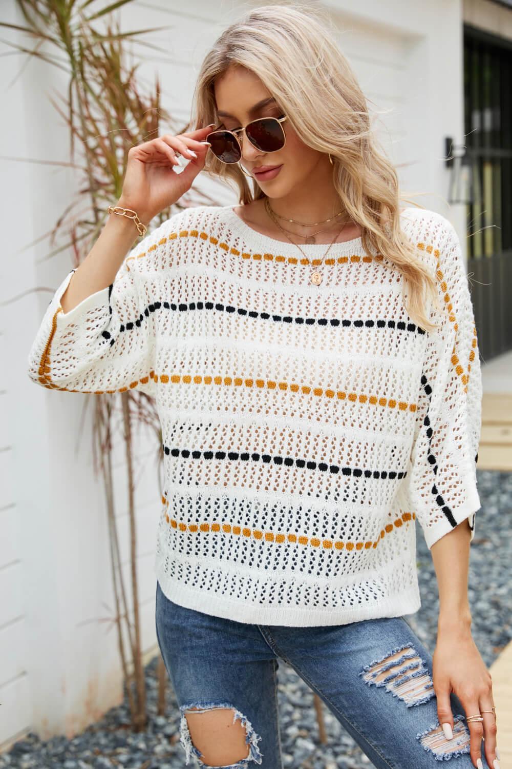 Comfy Striped Openwork Knit Top - MXSTUDIO.COM