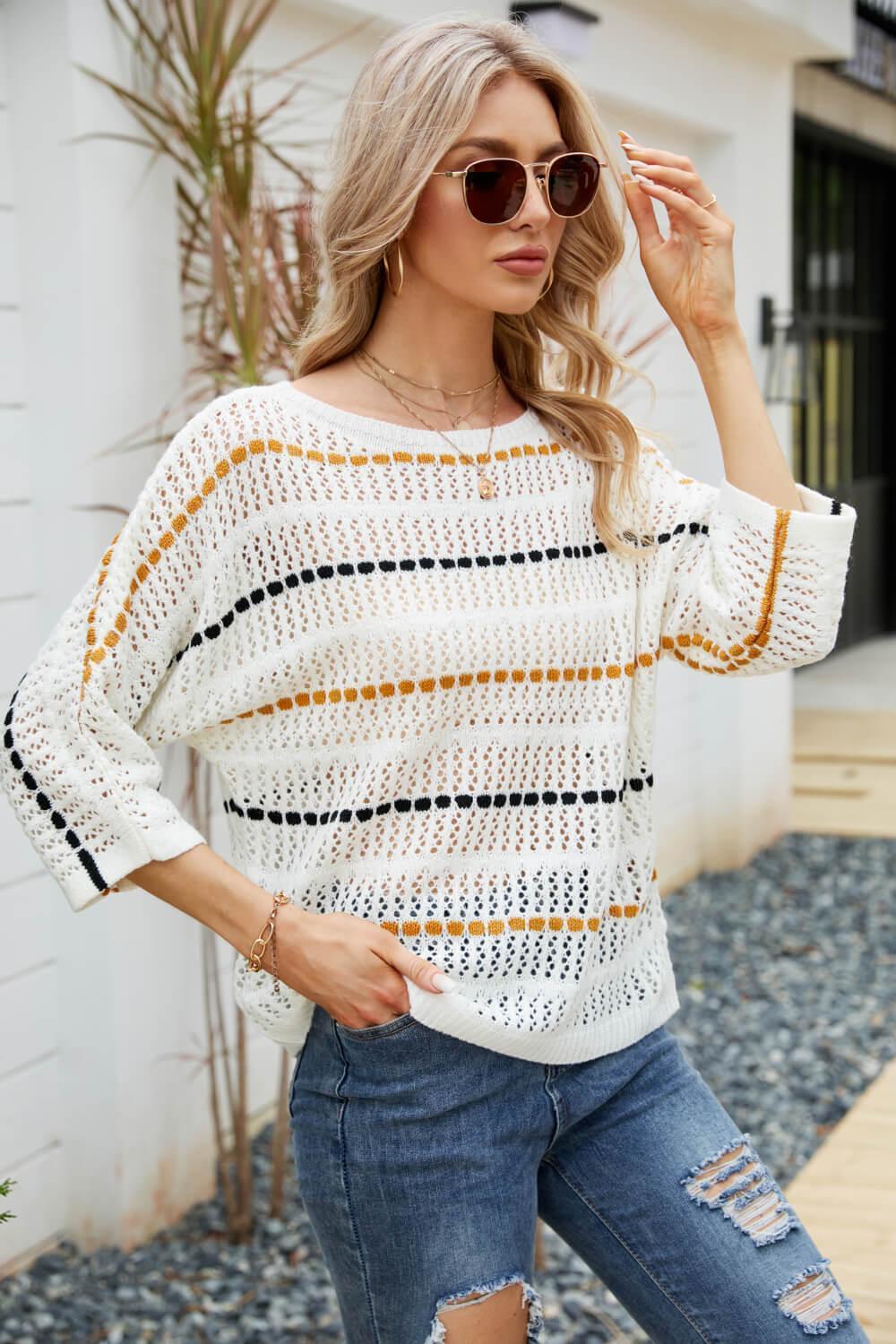 Comfy Striped Openwork Knit Top - MXSTUDIO.COM