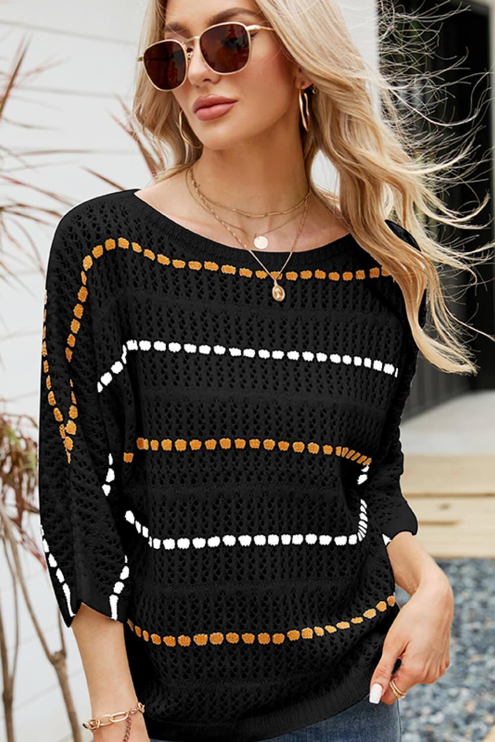 Comfy Striped Openwork Knit Top - MXSTUDIO.COM