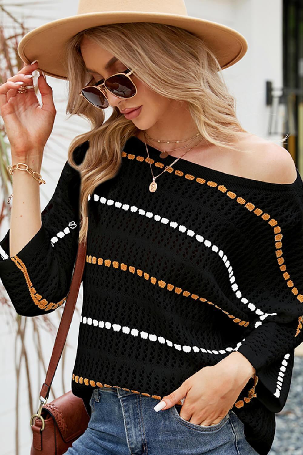 Comfy Striped Openwork Knit Top - MXSTUDIO.COM