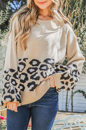 Comfy Wild Knit Crew Neck Leopard Print Sweater-MXSTUDIO.COM