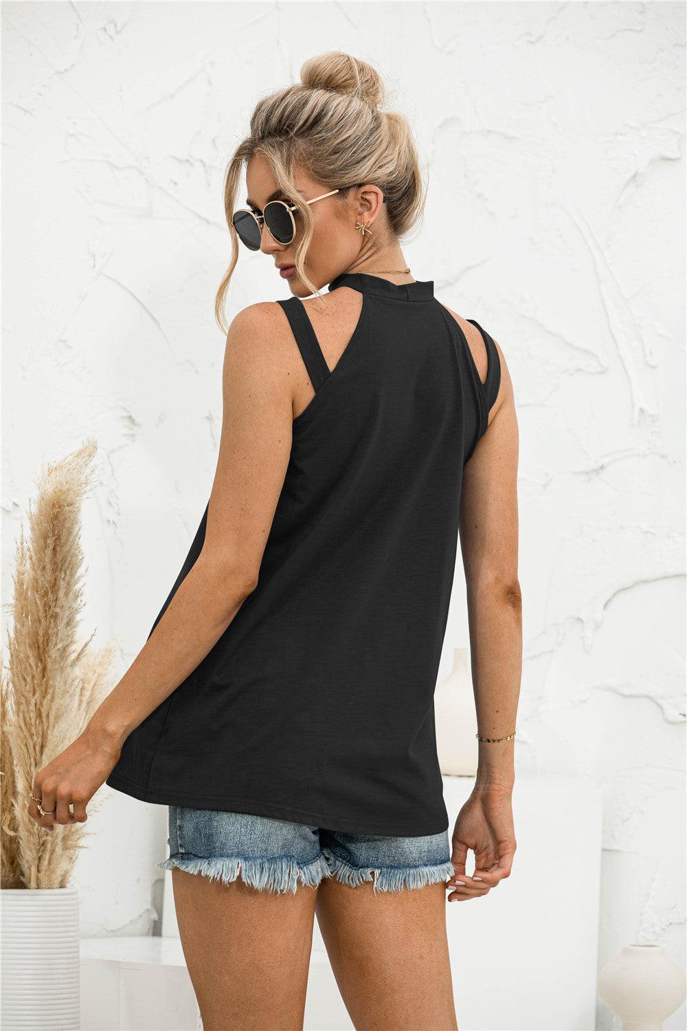 Commanding Look Cutout Mock Neck Tank Top - MXSTUDIO.COM