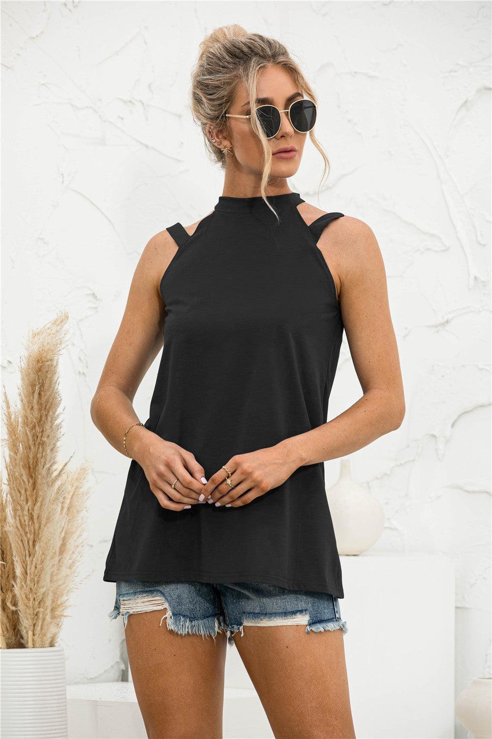 Commanding Look Cutout Mock Neck Tank Top - MXSTUDIO.COM