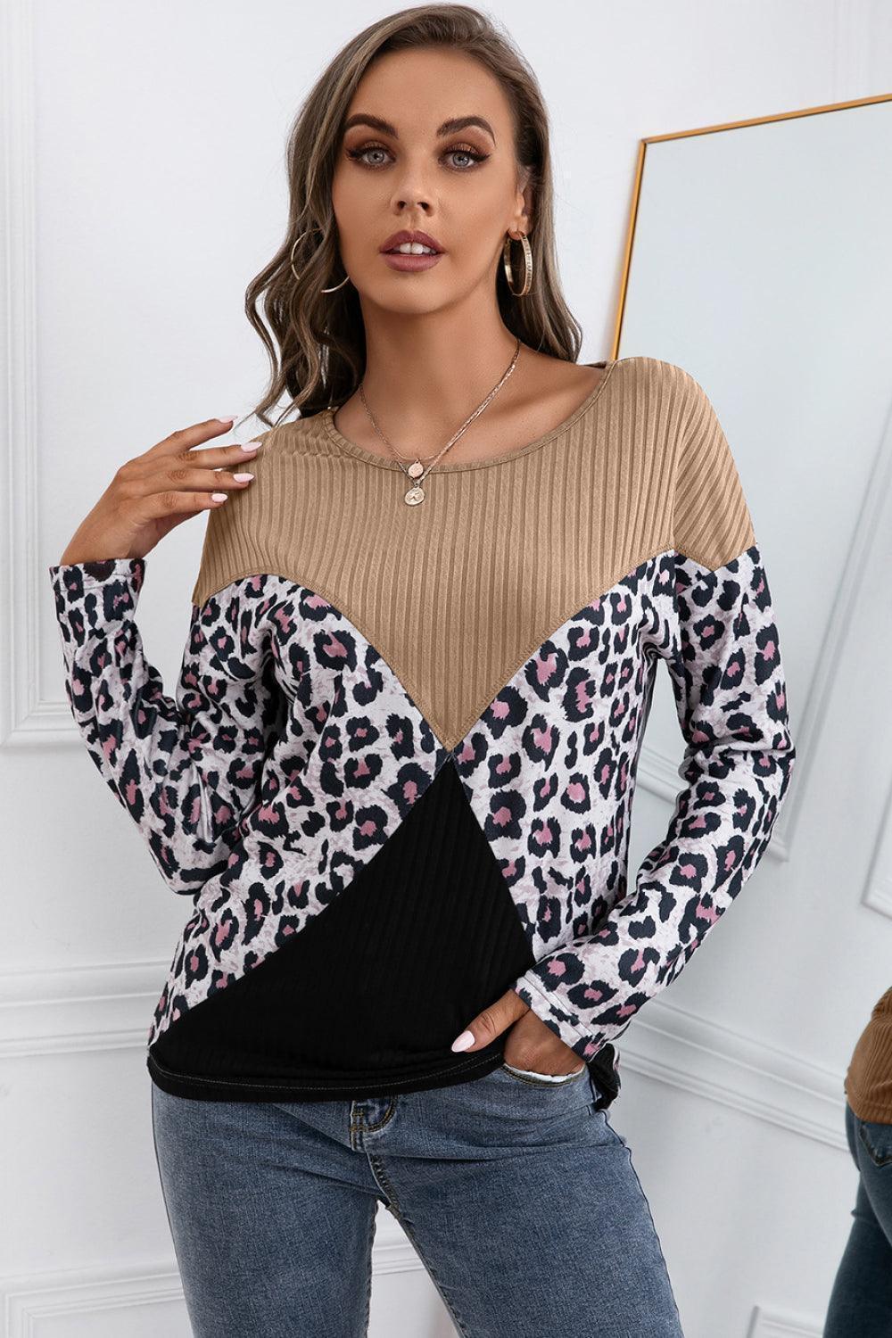 Confident Leopard Ribbed Long Sleeve T-Shirt - MXSTUDIO.COM