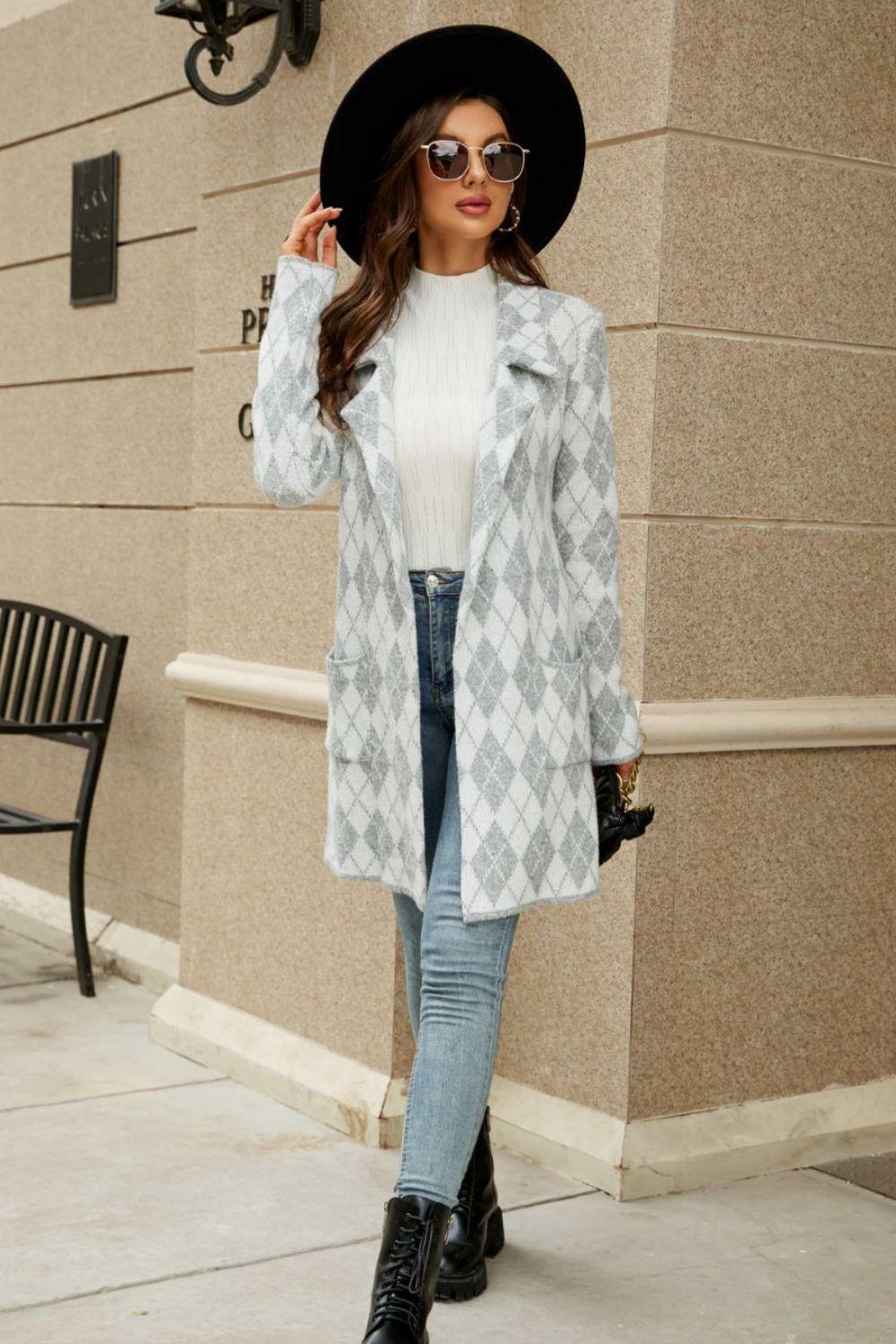 Confidently Unique Lapel Collar Printed Open Front Cardigan - MXSTUDIO.COM