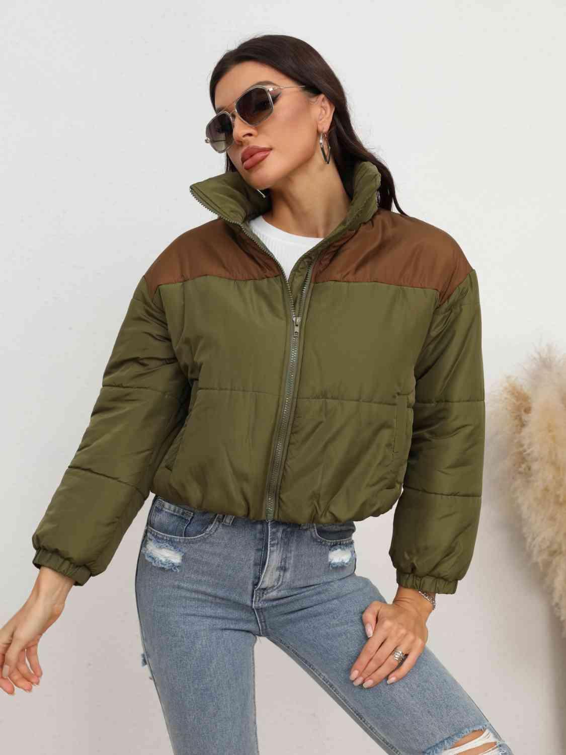 Conquer The Cold Zip-Up Army Green Puffer Jacket - MXSTUDIO.COM