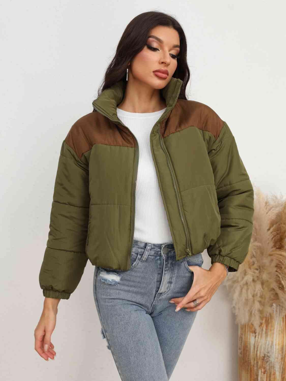 Conquer The Cold Zip-Up Army Green Puffer Jacket - MXSTUDIO.COM