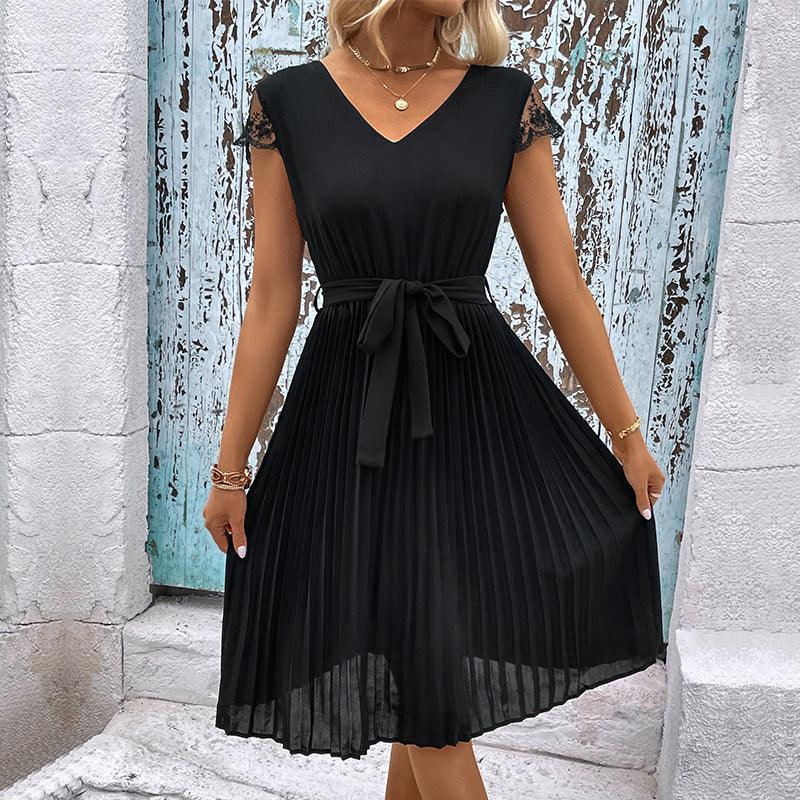 Conquer The Day Pleated Black V Neck Midi Dress - MXSTUDIO.COM