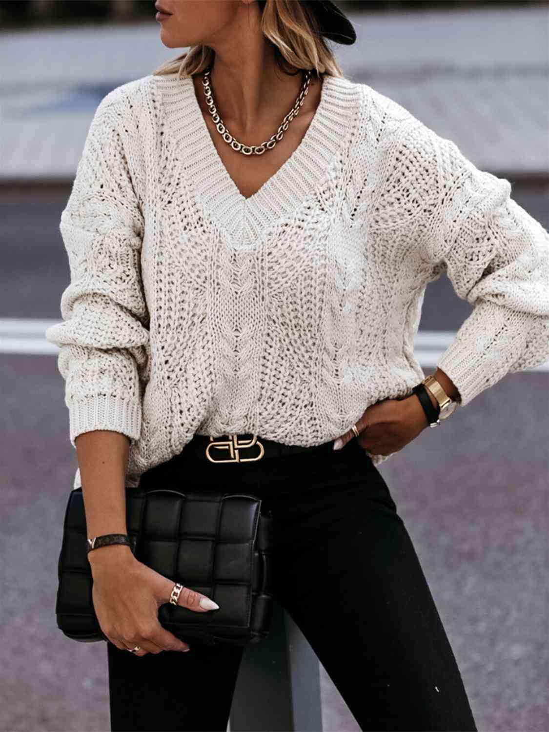 Consistent Warmth V Neck Cable Knit Sweater-MXSTUDIO.COM