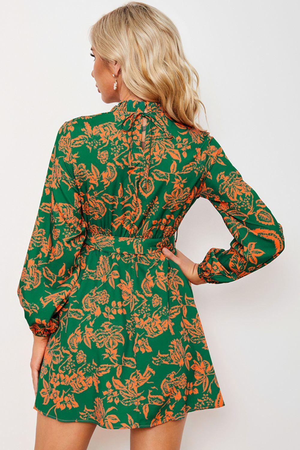 Contented Green Floral Balloon Sleeve Mini Dress - MXSTUDIO.COM