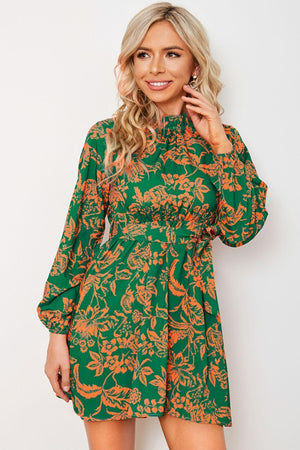 Contented Green Floral Balloon Sleeve Mini Dress - MXSTUDIO.COM