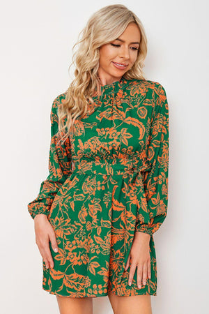 Contented Green Floral Balloon Sleeve Mini Dress - MXSTUDIO.COM