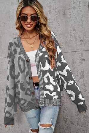 Contrast Button Front Ribbed Trim Leopard Cardigan Sweater - MXSTUDIO.COM