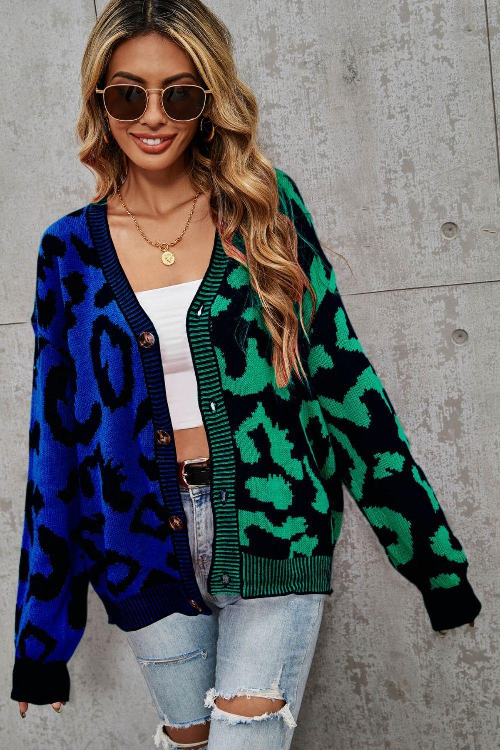 Contrast Button Front Ribbed Trim Leopard Cardigan Sweater - MXSTUDIO.COM