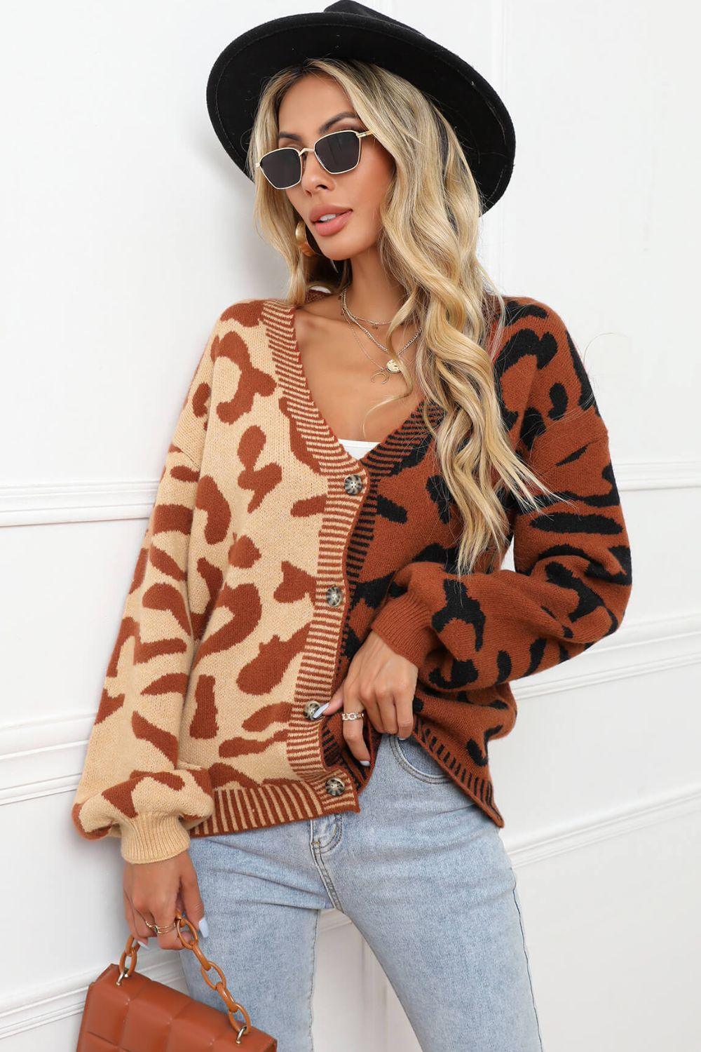 Contrast Button Front Ribbed Trim Leopard Cardigan Sweater - MXSTUDIO.COM