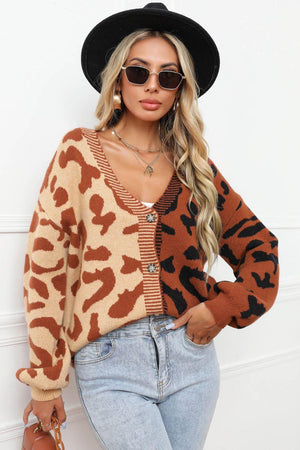 Contrast Button Front Ribbed Trim Leopard Cardigan Sweater - MXSTUDIO.COM