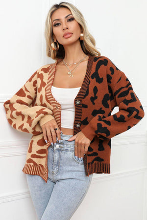 Contrast Button Front Ribbed Trim Leopard Cardigan Sweater - MXSTUDIO.COM