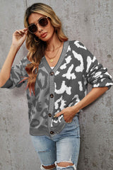 Contrast Button Front Ribbed Trim Leopard Cardigan Sweater - MXSTUDIO.COM