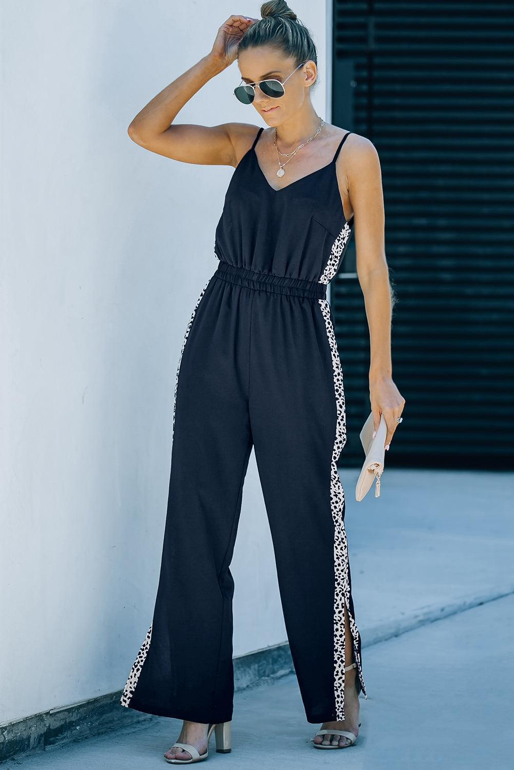 Contrast Leopard Print Black Spaghetti Strap Jumpsuit - MXSTUDIO.COM