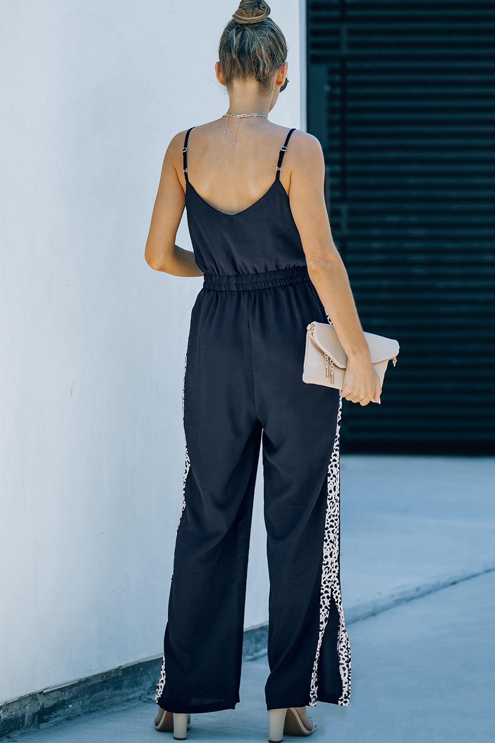 Contrast Leopard Print Black Spaghetti Strap Jumpsuit - MXSTUDIO.COM