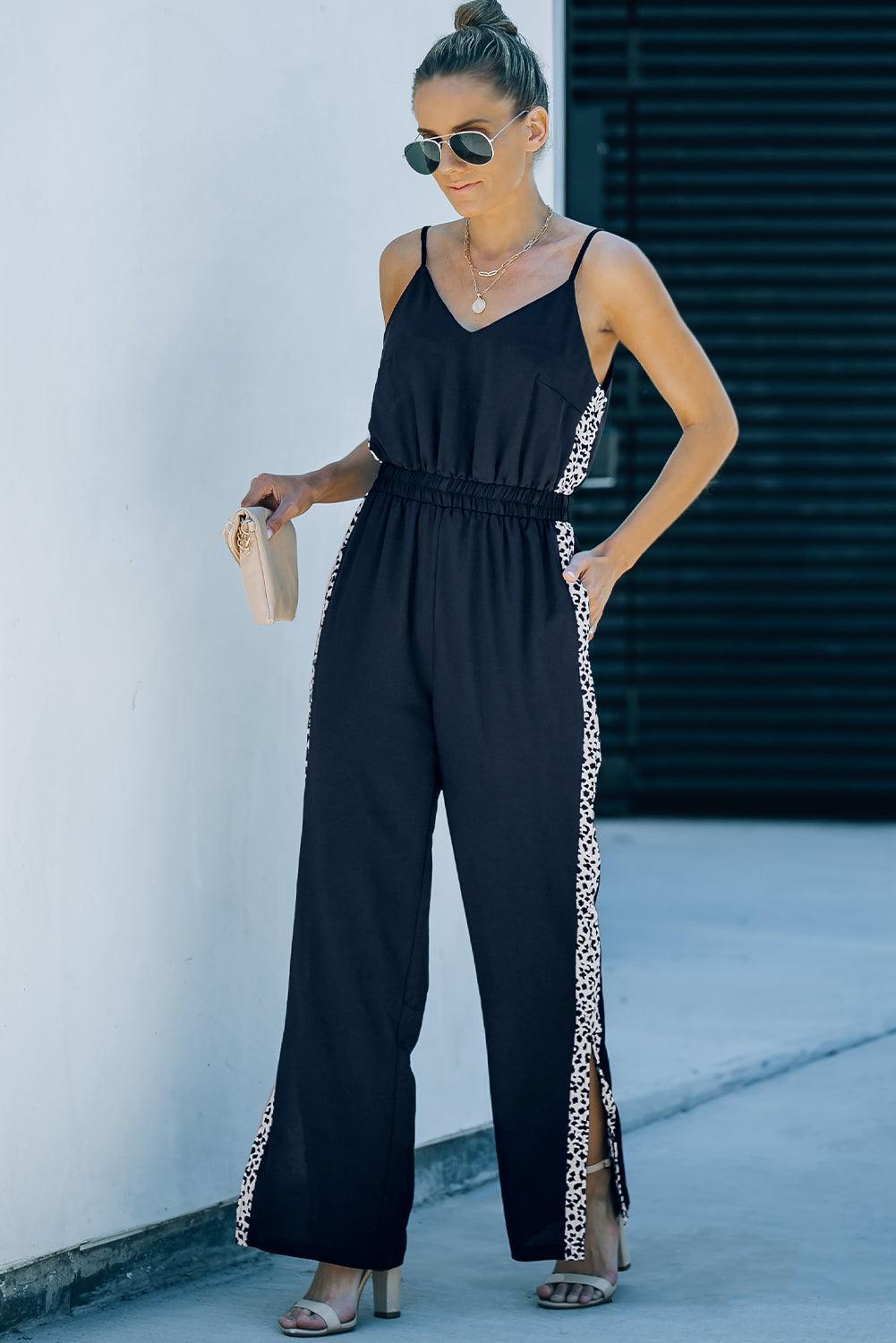 Contrast Leopard Print Black Spaghetti Strap Jumpsuit - MXSTUDIO.COM