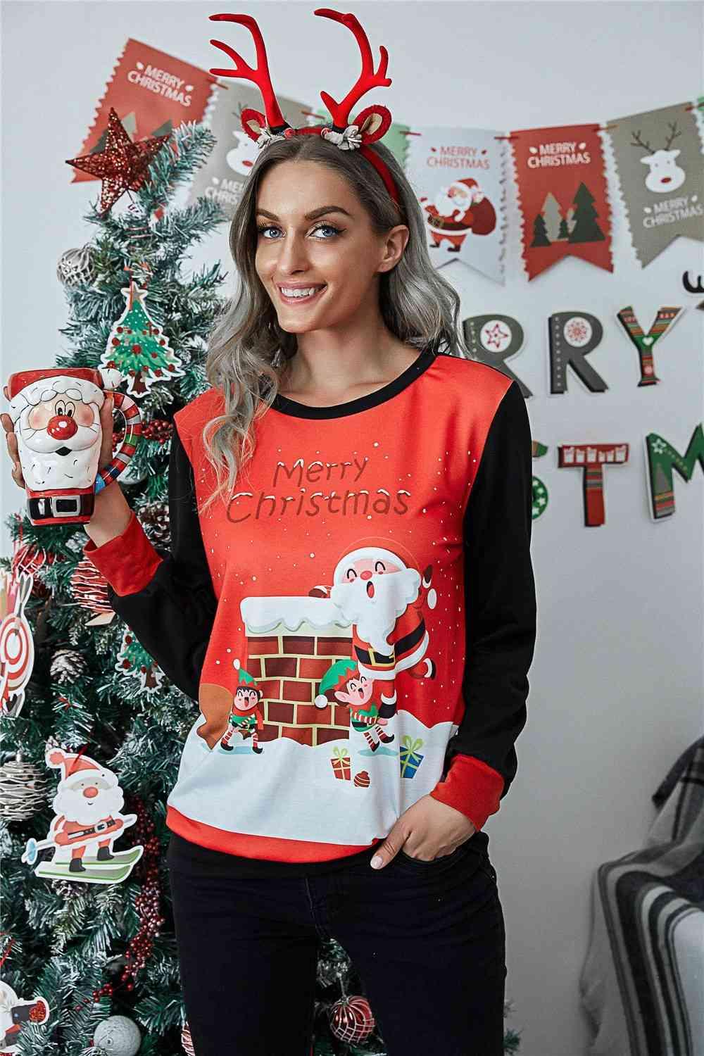 Contrast Long Sleeve Merry Christmas Sweatshirt-MXSTUDIO.COM