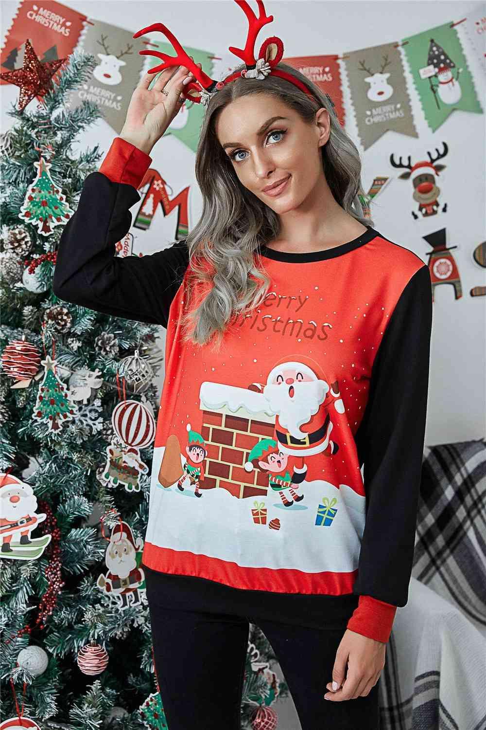 Contrast Long Sleeve Merry Christmas Sweatshirt-MXSTUDIO.COM