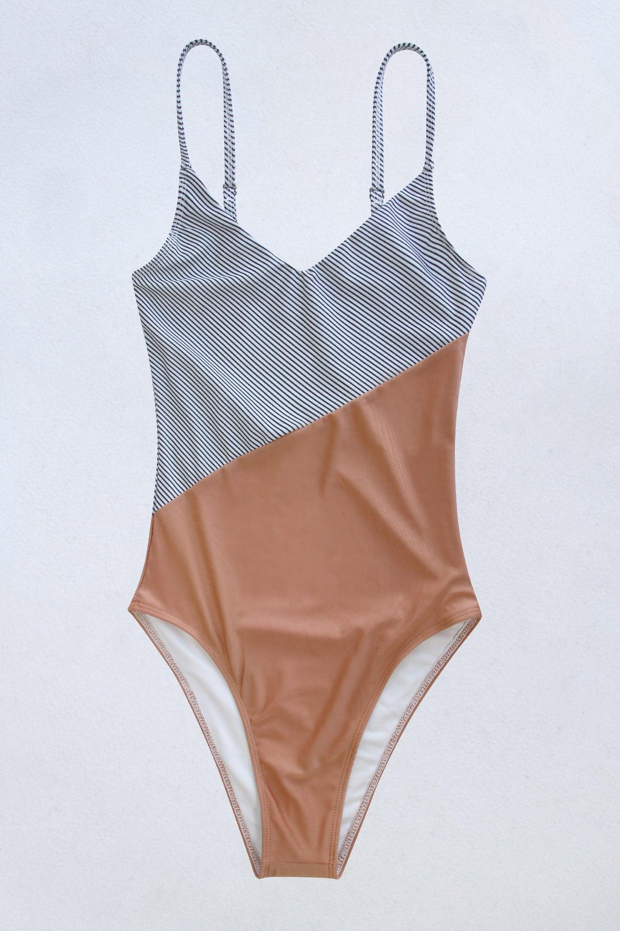 Contrast Peach And Stripe Sleeveless Swimsuit - MXSTUDIO.COM