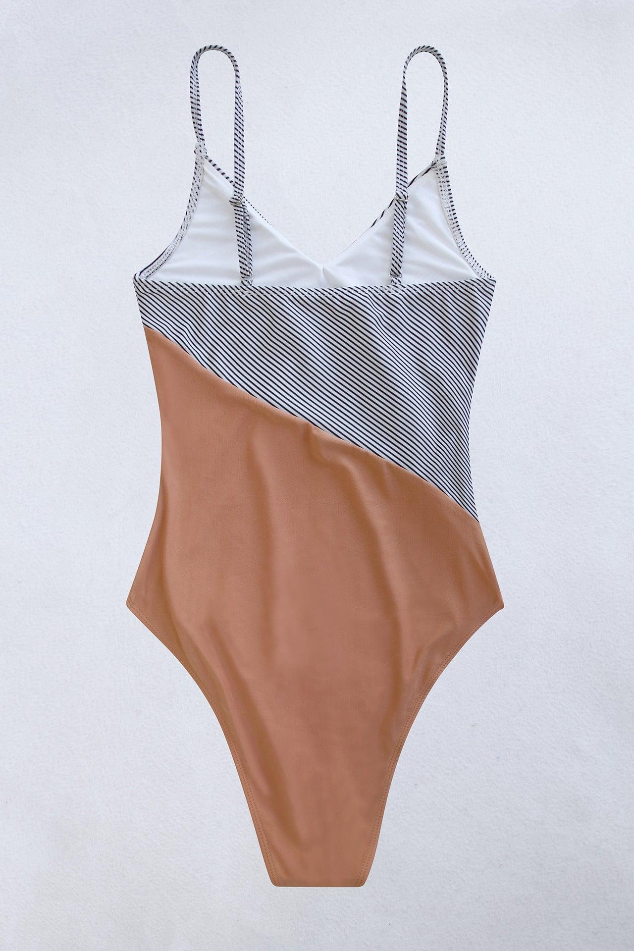 Contrast Peach And Stripe Sleeveless Swimsuit - MXSTUDIO.COM