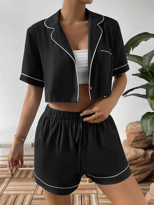 Contrast Piping Shorts And Shirt Pajama Set - MXSTUDIO.COM