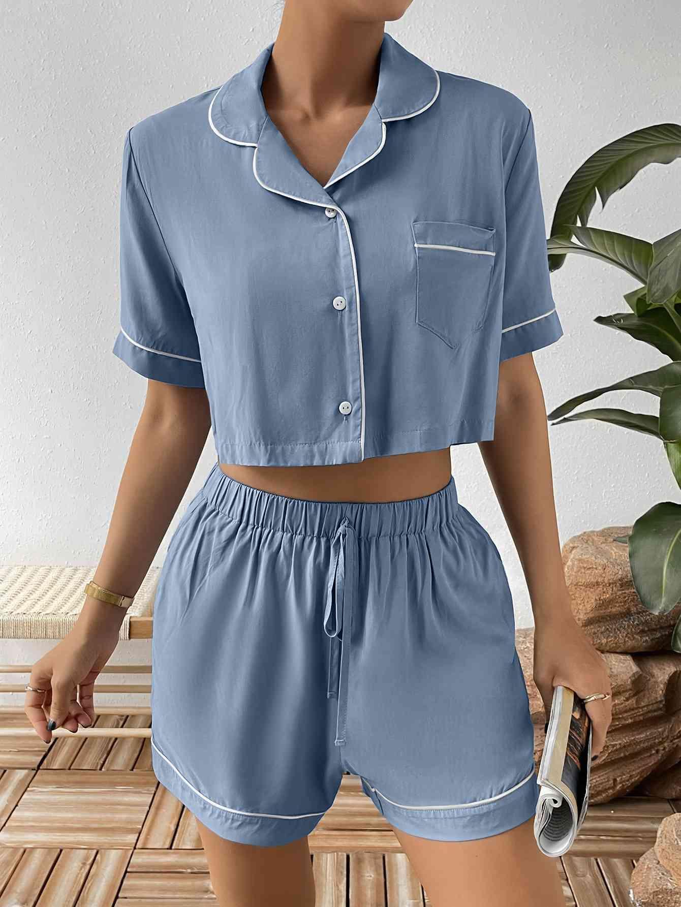 Contrast Piping Shorts And Shirt Pajama Set - MXSTUDIO.COM