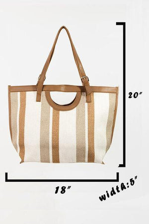 a white and brown striped bag with measurements
